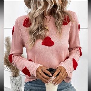 Heart Pattern Round Neck pink sweater